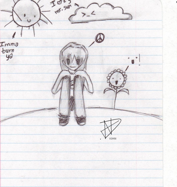 sun and boy and cloud. and flower i guess.