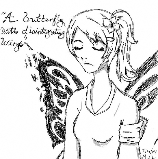 "A butterfly with disintegrating wings"